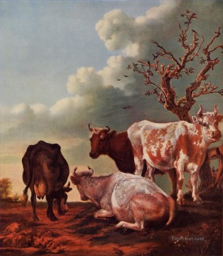 動物 Painting - 牛 パウルス・ポッターの牧草地